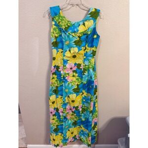 Tori Richard Honolulu Floral Maxi Dress Vintage Blue Yellow Pink Sleeveless Midi